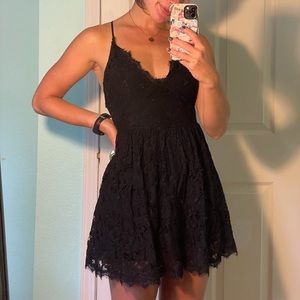 Black, backless, floral dress.